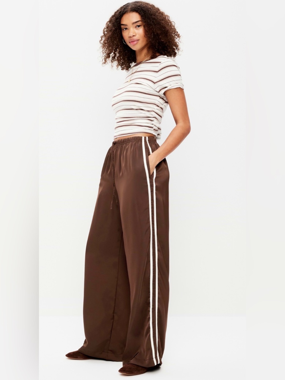 Women's Brown Satin Wide-Leg Track Pants with Side Stripe